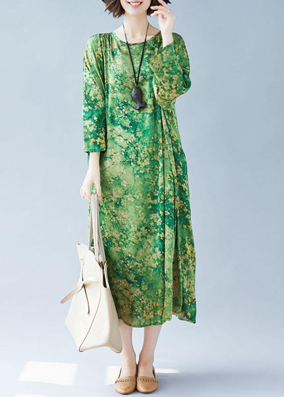 Women green print Long dress o neck Maxi summer Dresses
