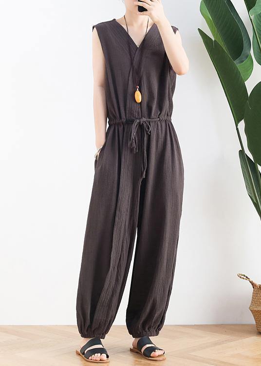 Korean version of the thin wide-leg jumpsuit female summer cotton and linen loose fashion chocolate nine points jumpsuit