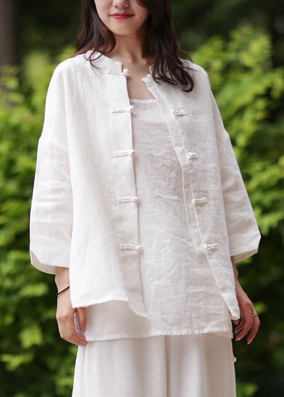 Women stand collar Chinese Button cotton Blouse white silhouette blouse