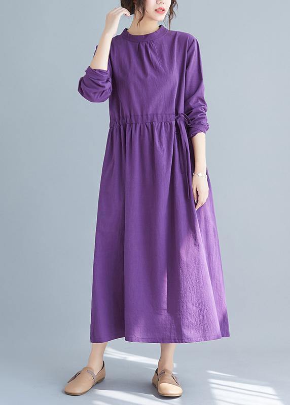 Women Purple Tunics Stand Collar Drawstring Spring Dress