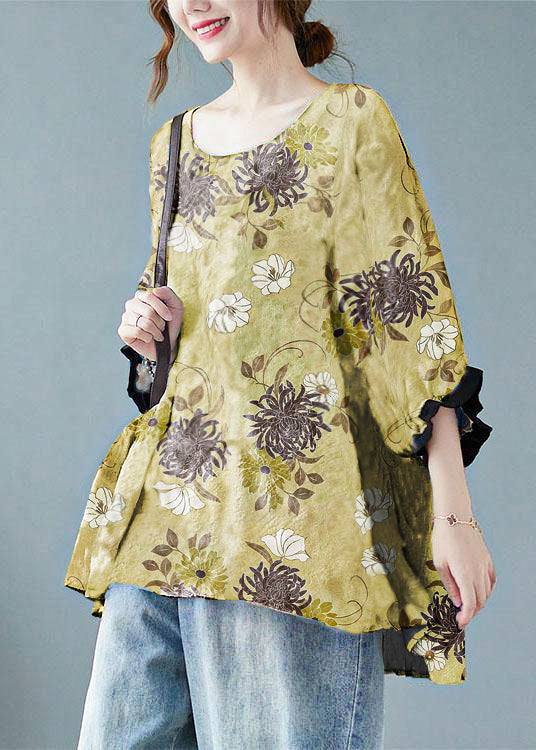 Loose Yellow-Chrysanthemum  Batwing Sleeve Cotton Linen Tee