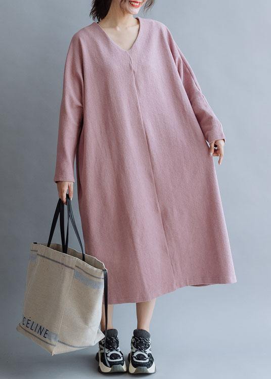 Women pink linen cotton outfit v neck Traveling fall Dresses