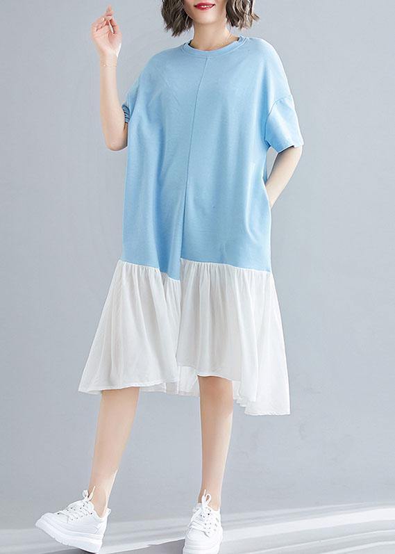 Organic blue o neck cotton quilting clothes asymmetric patchwork Maxi summer Dress