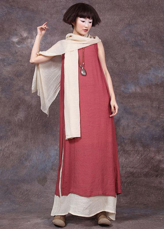 DIY red sleeveless linen clothes For Women false two pieces Maxi summer Dresses