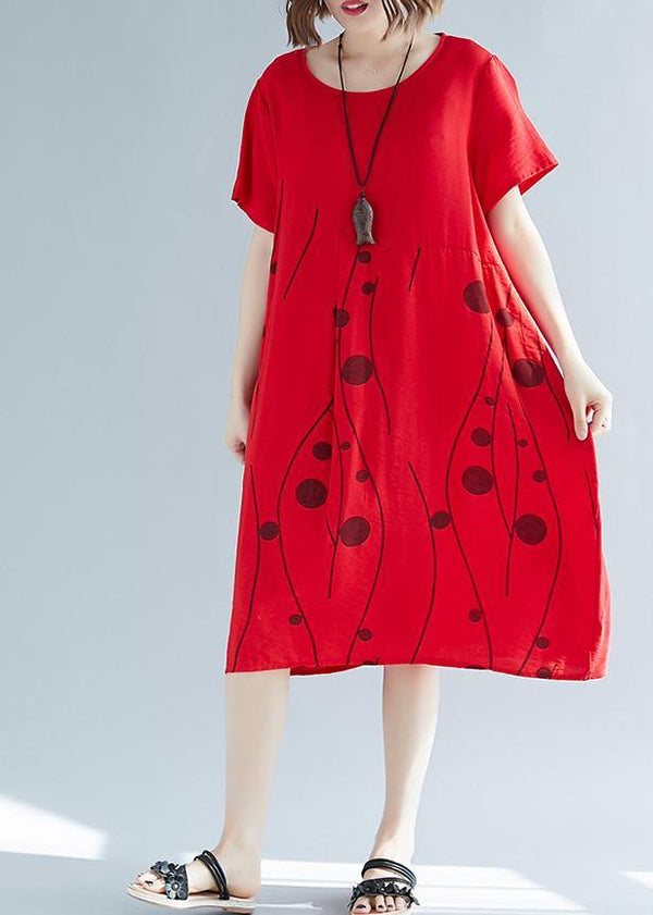 Style red print cotton outfit o neck shift summer Dresses