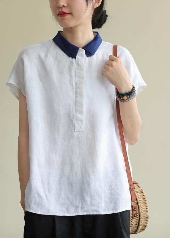 Women lapel side open linen clothes Cotton white shirt