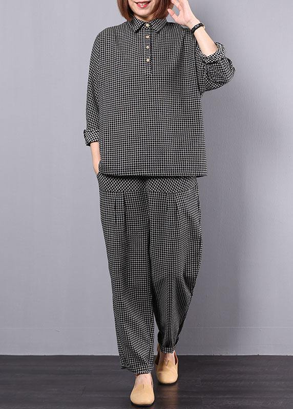 new autumn black plaid cotton lapel collar long sleeve shirt and patchwork elastic waist pants two pieces