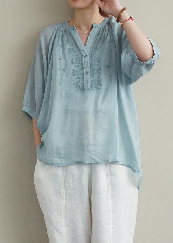 Bohemian v neck Button Down linen summer Shirts blue embroidery blouses