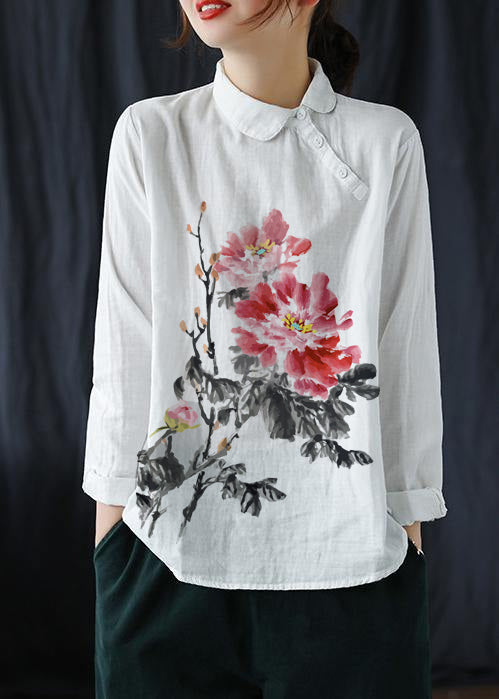 Chic White flower Clothes Lapel Button Down Spring Blouses