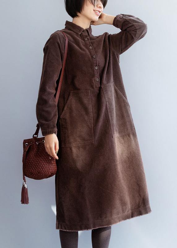 Women brown cotton Wardrobes side open Robe lapel collar Dresses