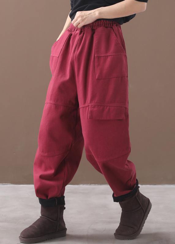 burgundy women elastic waist cotton trousers plus size false pockets harem pants