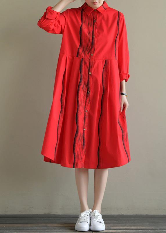 Natural lapel Button Down Cotton tunic Work Outfits red striped Dresses summer