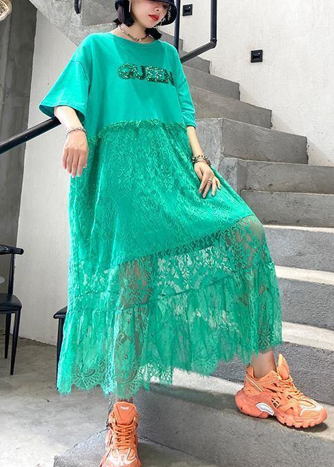 Natural green cotton clothes Women o neck patchwork lace Maxi Dresses