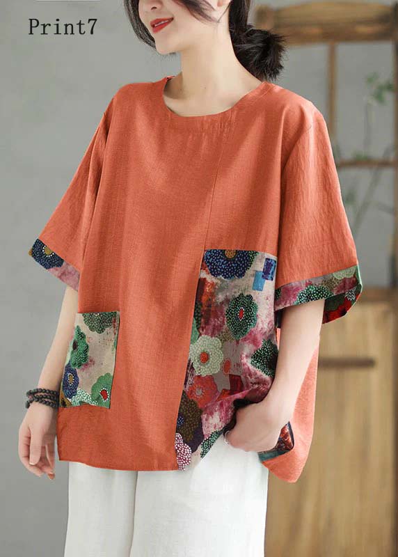 Women Orange O Neck Print Patchwork Linen T Shirt Top Summer