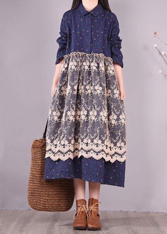 Unique Blue Print Dresses Patchwork Lace Kaftan Spring Dress