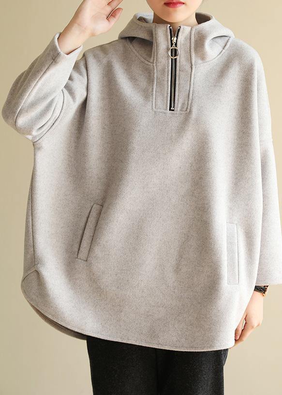 Bohemian zippered cotton hooded crane tops Fabrics gray Sweatshirt