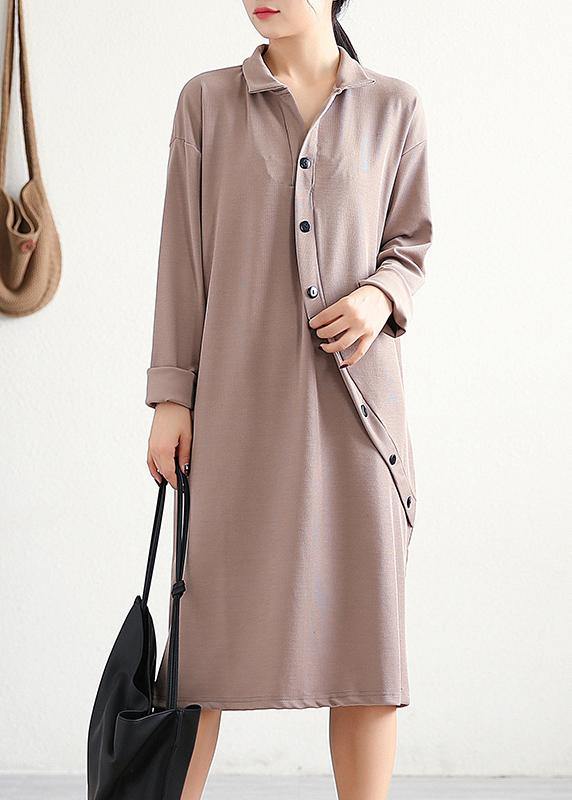 Elegant lapel asymmetric Cotton Wardrobes Sleeve khaki Dress