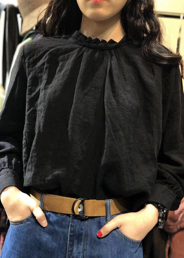 Art black linen tunics for women stand collar cotton fall blouse