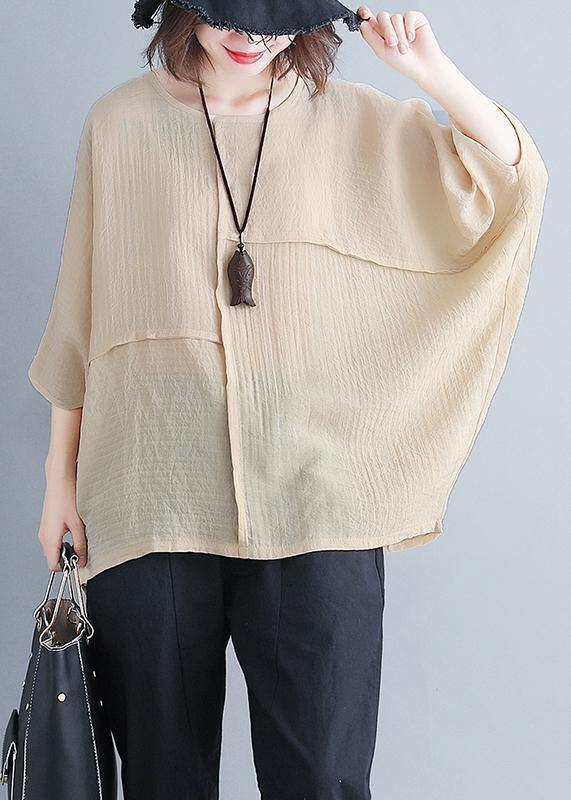 Women o neck Batwing Sleeve patchwork cotton blended clothes For Women Omychic Photography beige yellow Knee shirt Summer