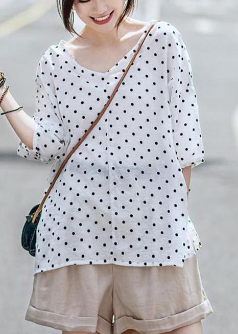 Chic linen Blouse Vintage Casual Linen Dot V-Neck Women Blouse