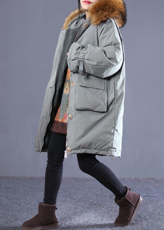 Casual gray green duck down coat oversize down jacket winter hooded zippered flare sleeve fur collar outwear