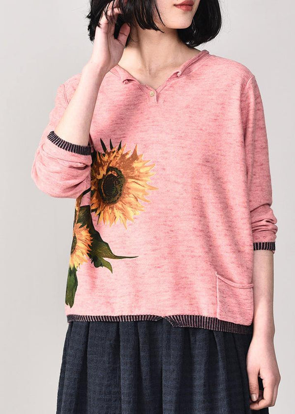 Oversized pink prints knitted t shirt fall fashion long sleeve knitwear v neck