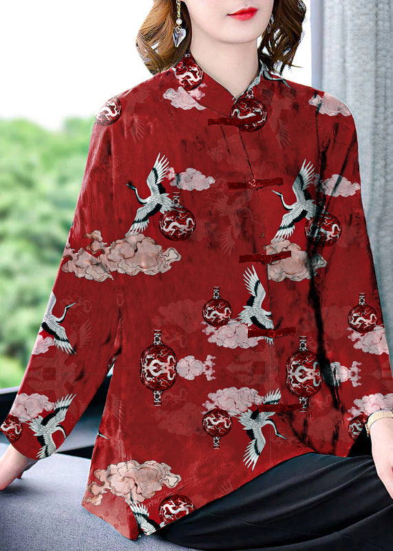 Original Red-Crane Mandarin Collar Button Floral Print Silk Coats Long Sleeve