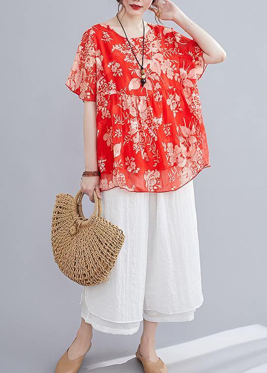 Summer red small floral cotton and linen top + wide-leg pants suit