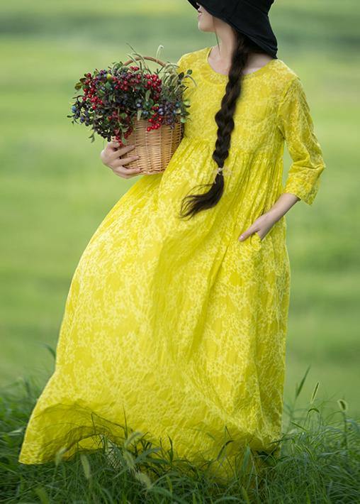 Organic O Neck Cinched Long Shirts Lnspiration Yellow Print Kaftan Dresses