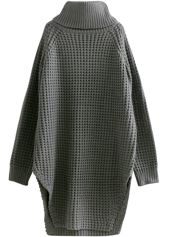 Oversized high neck side open Sweater Aesthetic Vintage gray daily knit dress