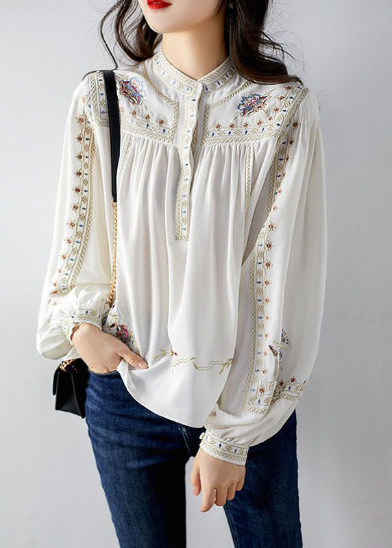 Elegant White 2022 Embroidered Chiffon Blouse Tops Long Sleeve