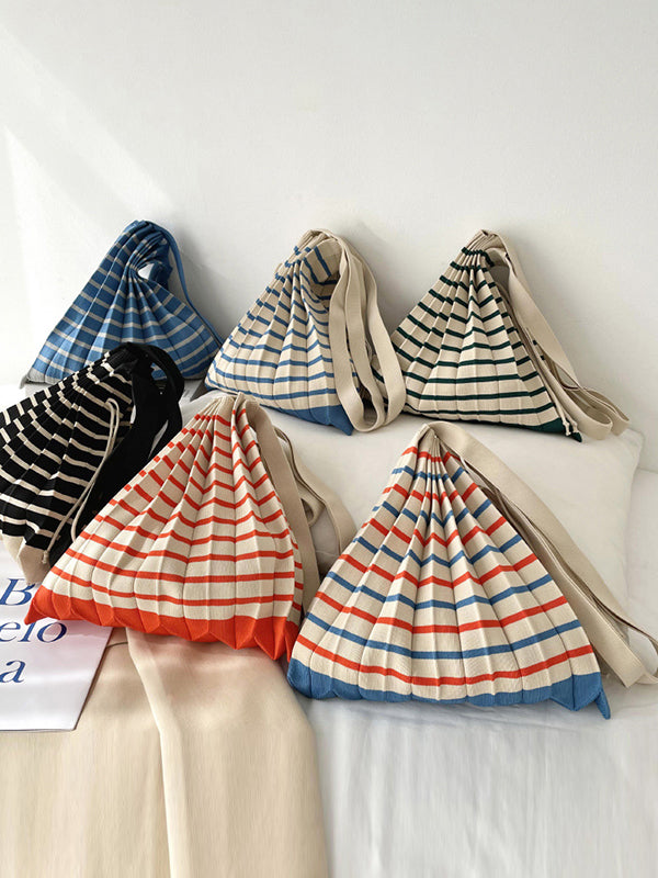 Contrast Color Pleated Striped Woven Handbag