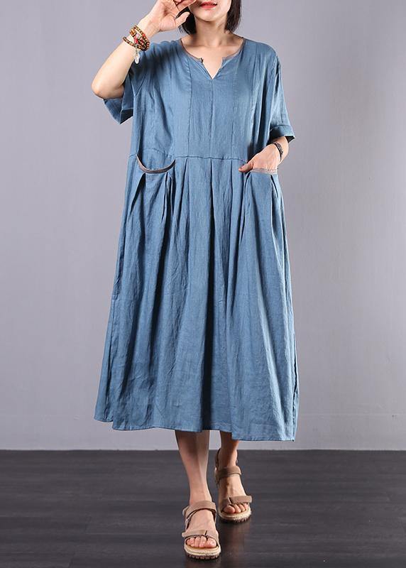 French blue linen clothes For Women big hem A Line summer Dress