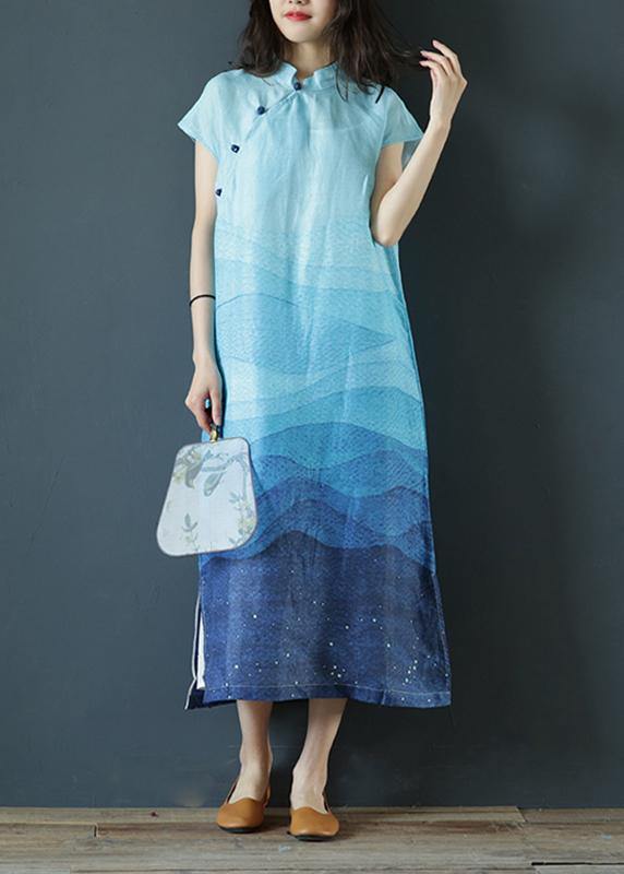 Elegant stand collar side open linen clothes Photography blue print Dresses