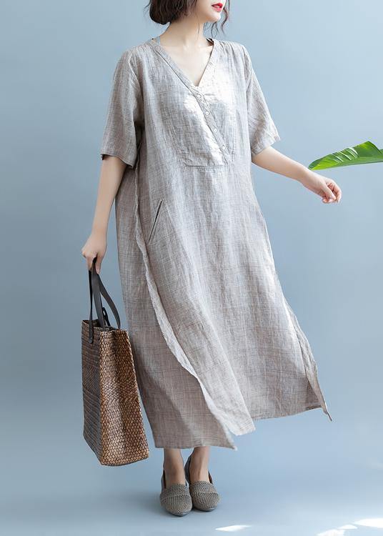 French Khaki linen Dress V Neck  Robe Summer  Dresses