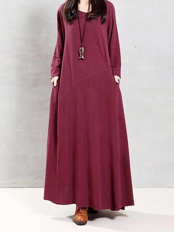 Modern o neck patchwork linen cotton spring Robes Runway burgundy Dress