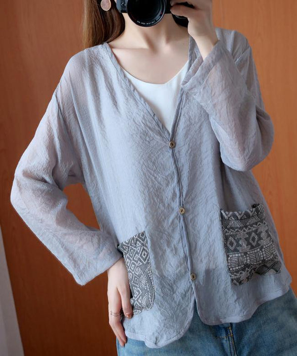 Unique gray tops women blouses v neck Button Down daily blouse