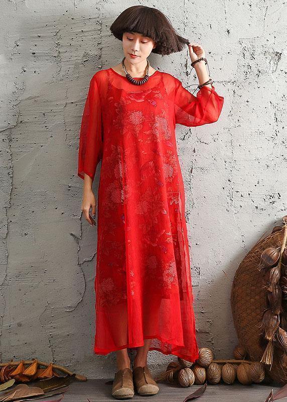 Unique red silk clothes side open A Line summer Dresses