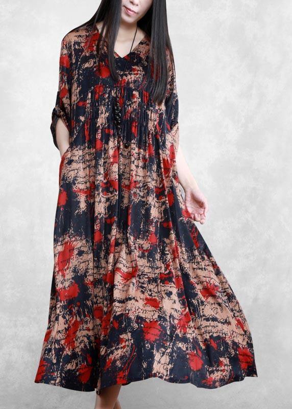 Style Black Print Tunics V Neck Large Hem Robe Spring Dresses