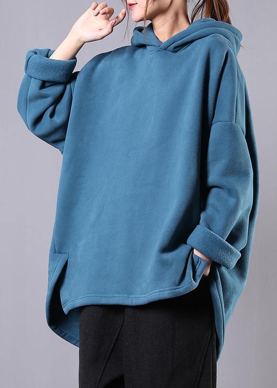 Bohemian hooded pockets cotton clothes For Women Neckline blue tops