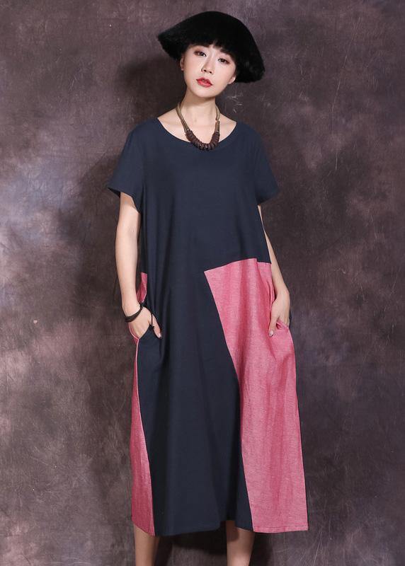 Natural blue o neck linen outfit patchwork color Maxi summer Dresses