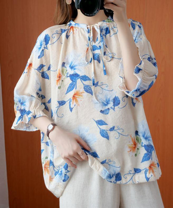 French blue print clothes o neck lantern sleeve Plus Size Clothing summer shirt