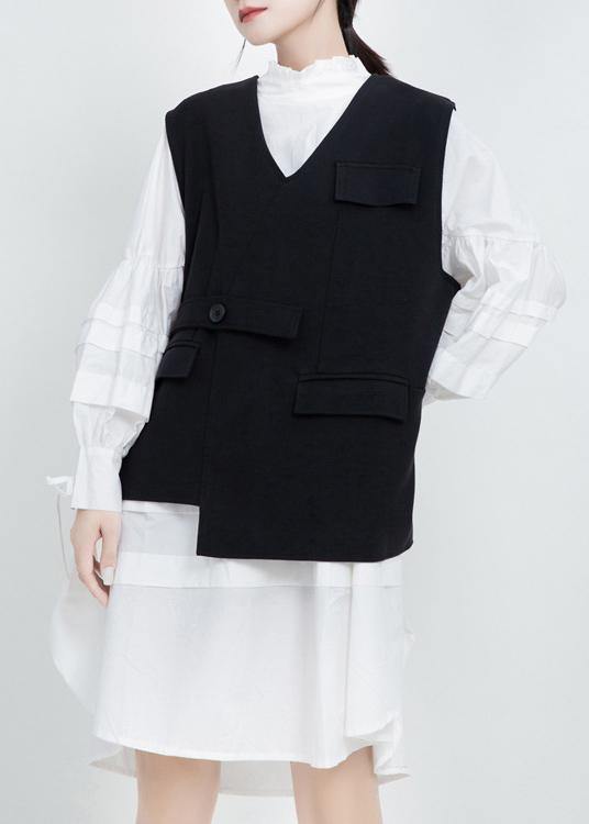 Women V Neck Fine Sleeveless Outwear Black Silhouette Women Coats