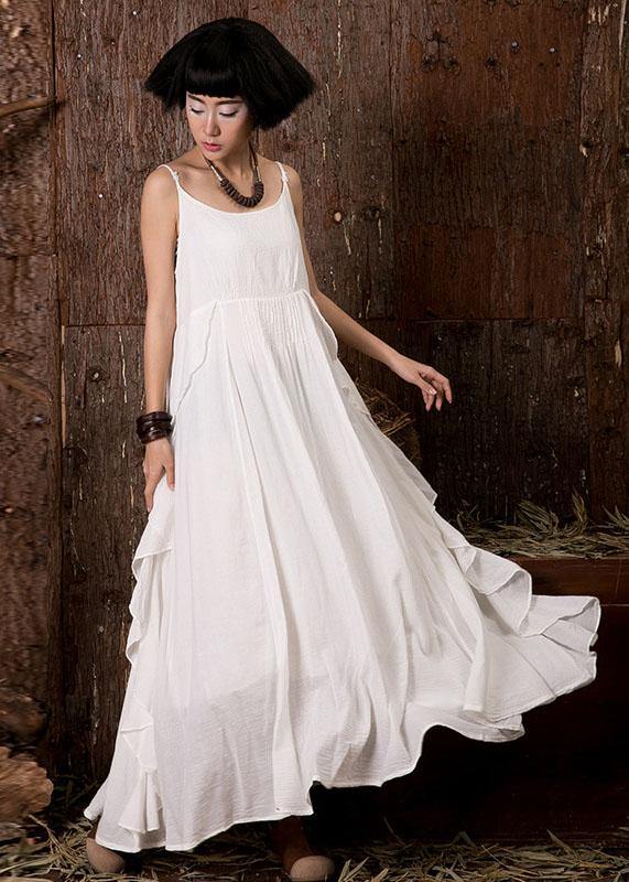 Women white sleeveless linen clothes ruffles side Art summer Dress