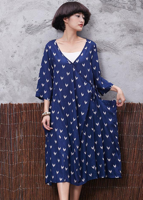 French blue prints v neck linen quilting clothes asymmetric tie cotton robes summer Dresses