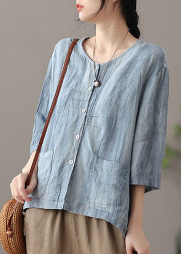 Plus Size Blue O-Neck Button Linen Shirt Top Bracelet Sleeve