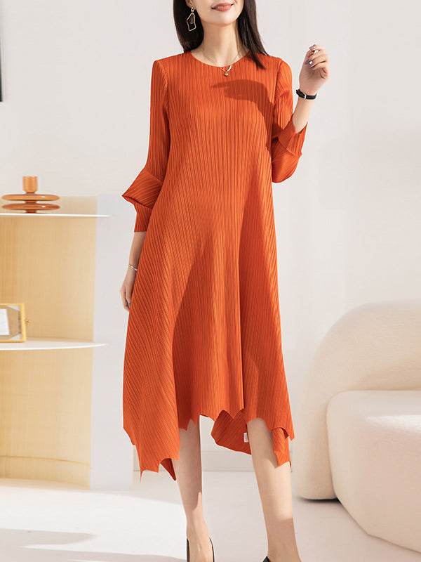 Irregular Clipping Loose Pleated Solid Color Round-Neck Midi Dresses