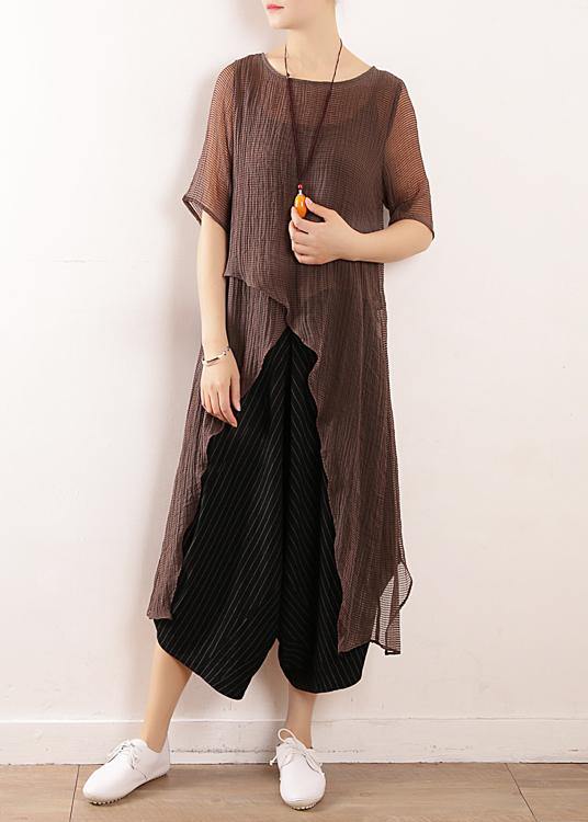 Simple gray linen tops women blouses o neck Knee summer shirt