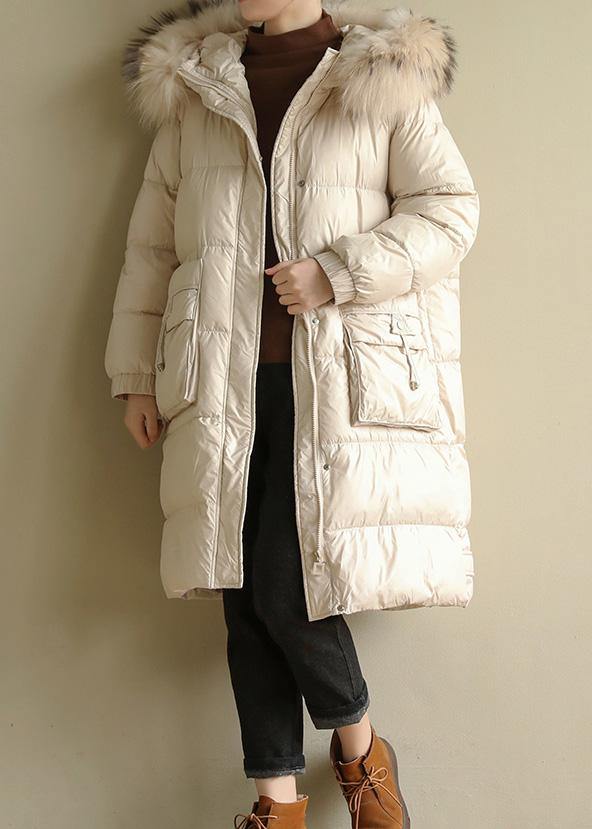 Casual beige warm winter coat oversize hooded winter jacket faux fur collar New winter outwear