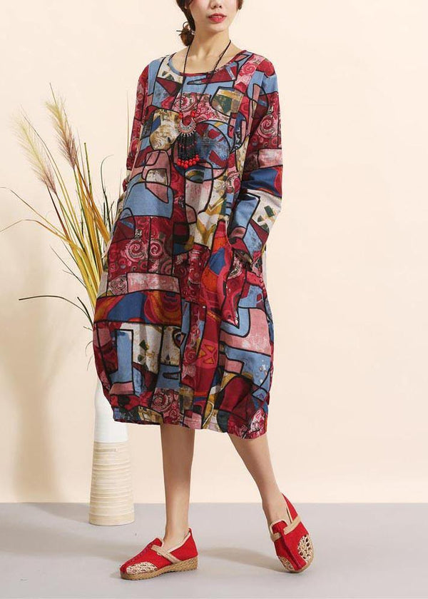 Women O Neck Spring Clothes For Women Pattern Red Geometric Robe Dresses